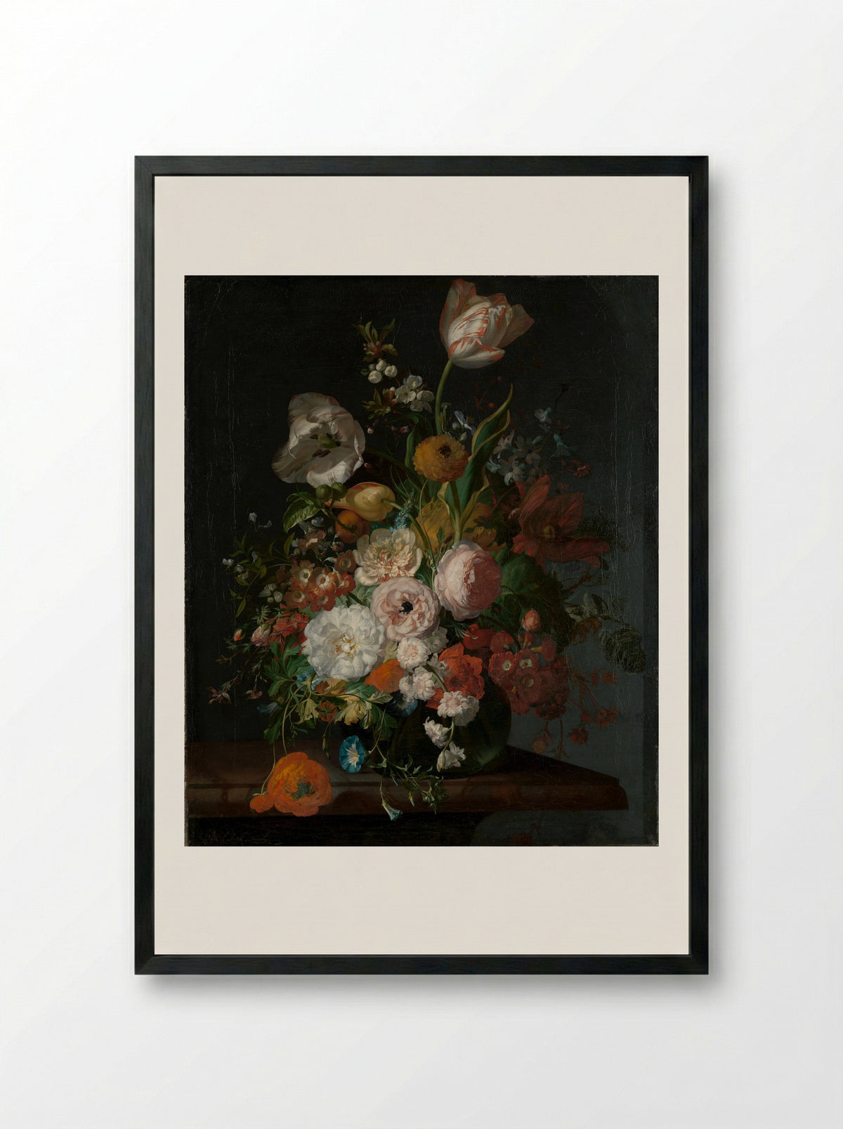 Still Life with Flowers in a Glass Vase - Rachel Ruysch - Framed Print Black