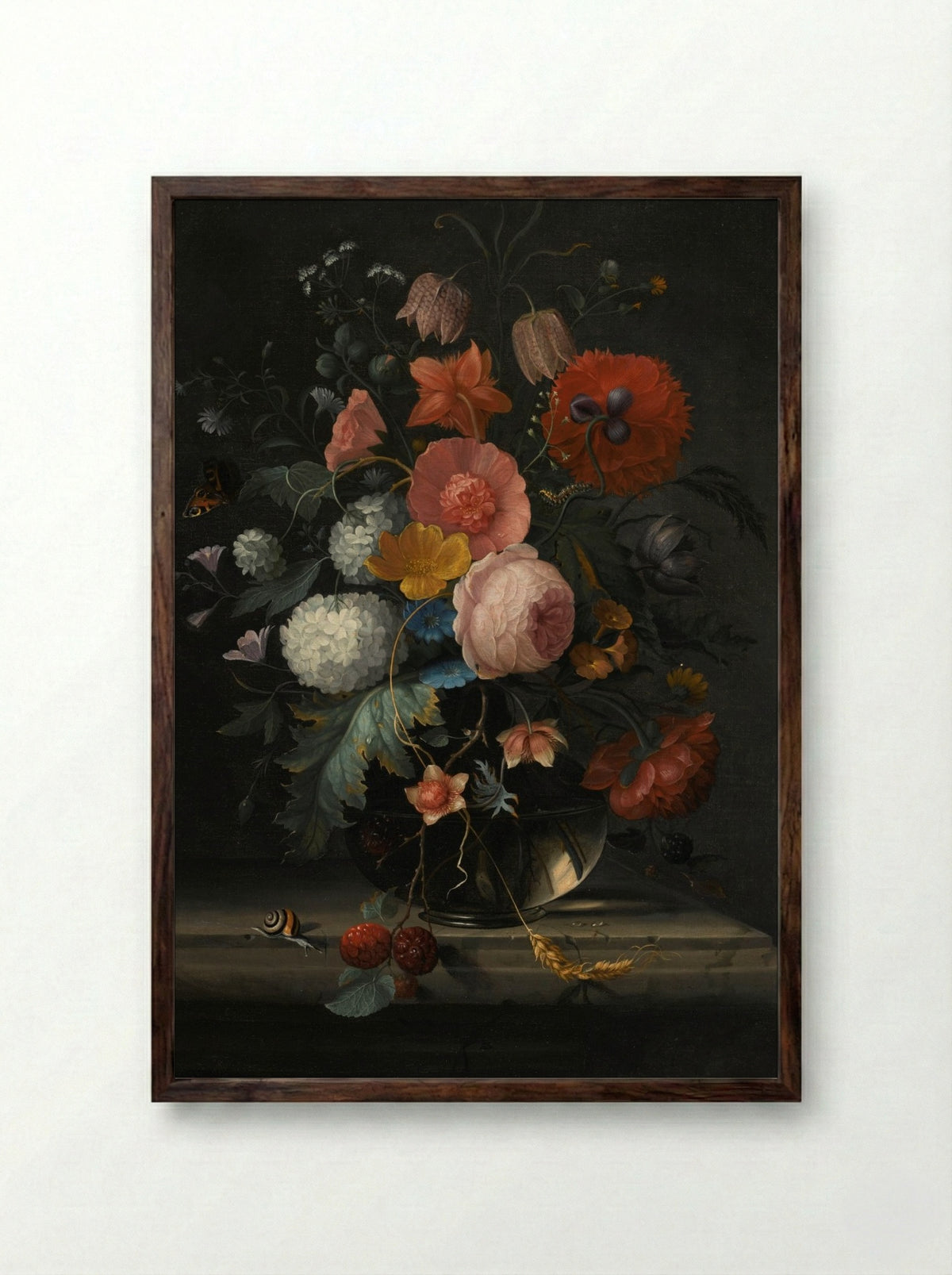 Still Life with Flowers in a Glass Vase - Pieter Gallis - Framed Print Dark Wood