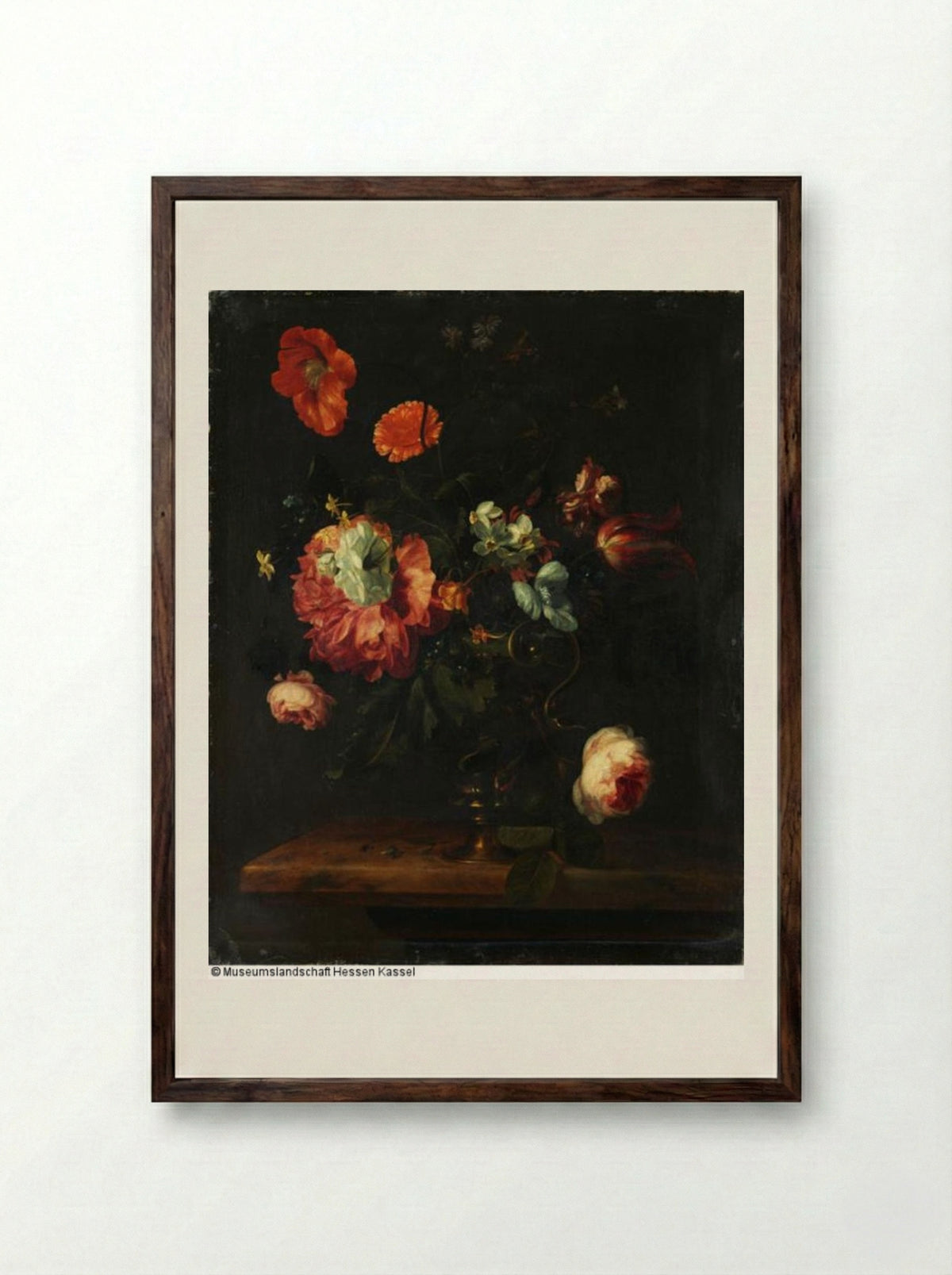 Still Life with Flowers in a Glass Vase - Herman Verelst - Framed Print Dark Wood