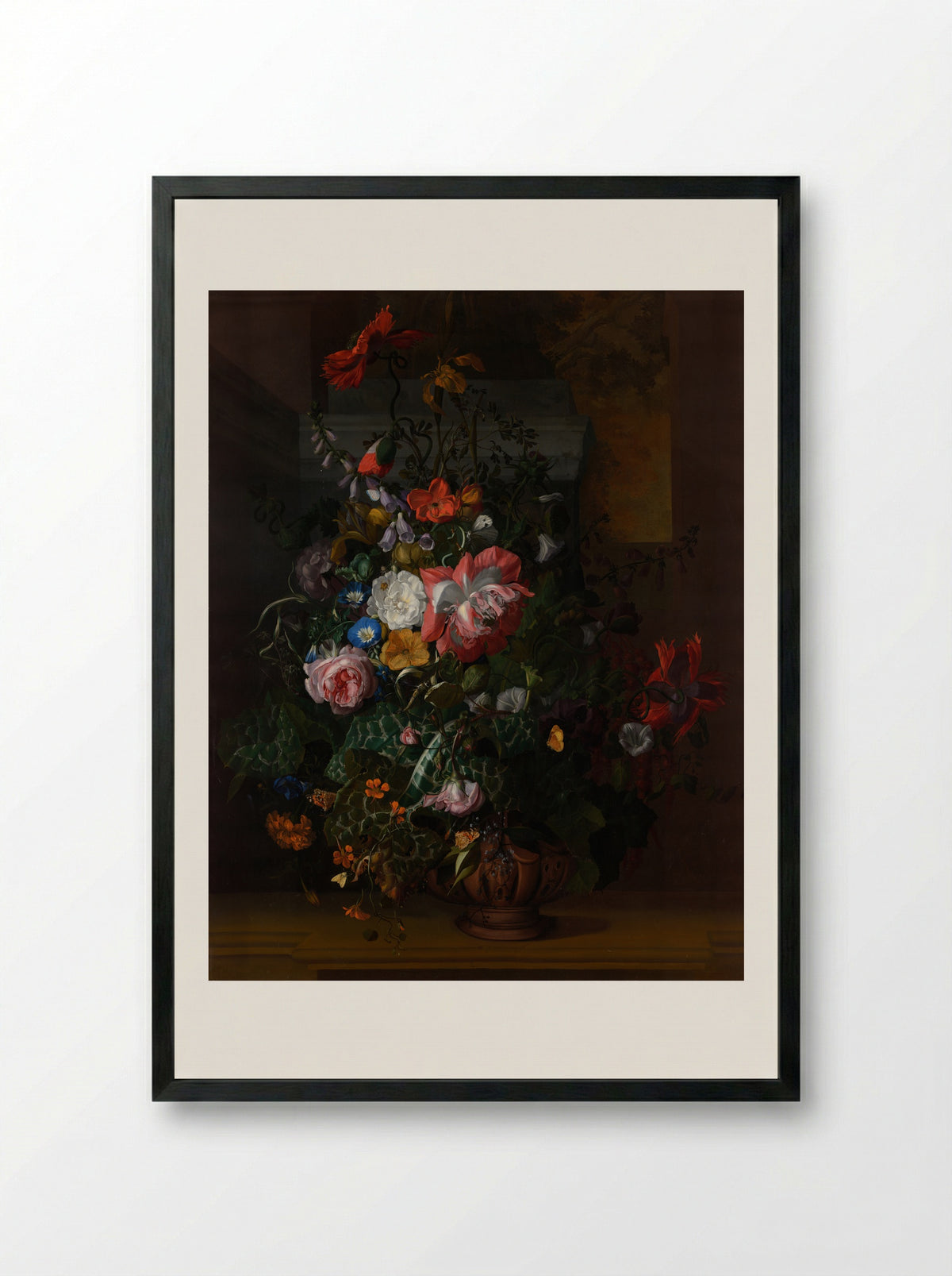 Still Life with Flowers on a Marble Ledge - Rachel Ruysch - Framed Print Black