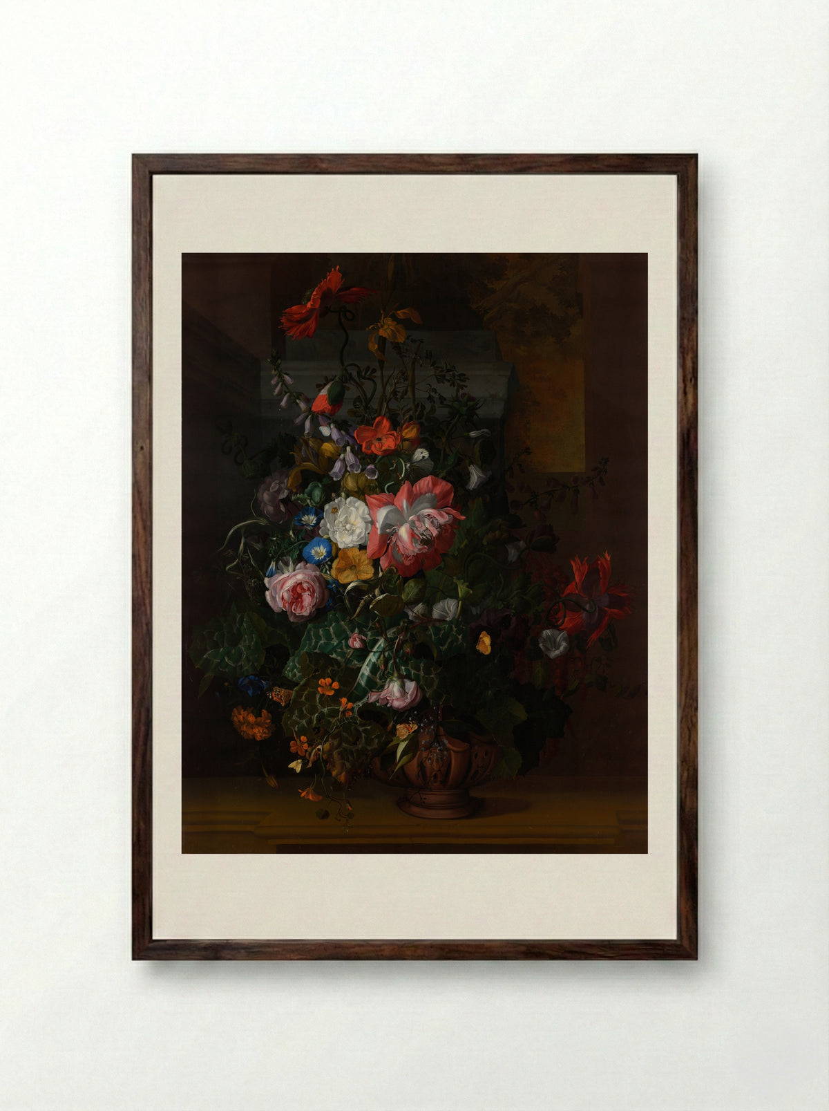 Still Life with Flowers on a Marble Ledge - Rachel Ruysch - Framed Print Dark Wood