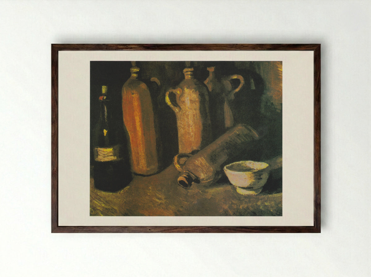 Still Life with Four Stone Bottles, Flask and White Cup - Vincent van Gogh - Framed Print Dark Wood