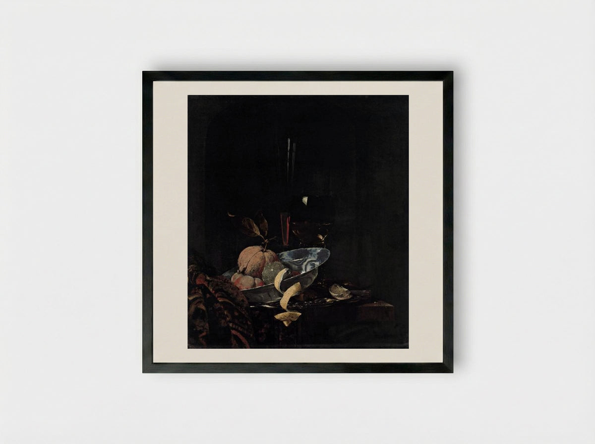 Still-Life with Fruit, Glassware, and a Wanli Bowl - Willem Kalf - Framed Print Black