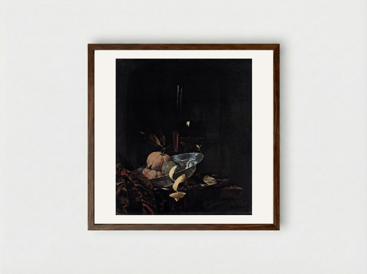 Still-Life with Fruit, Glassware, and a Wanli Bowl - Willem Kalf - Framed Print Dark Wood