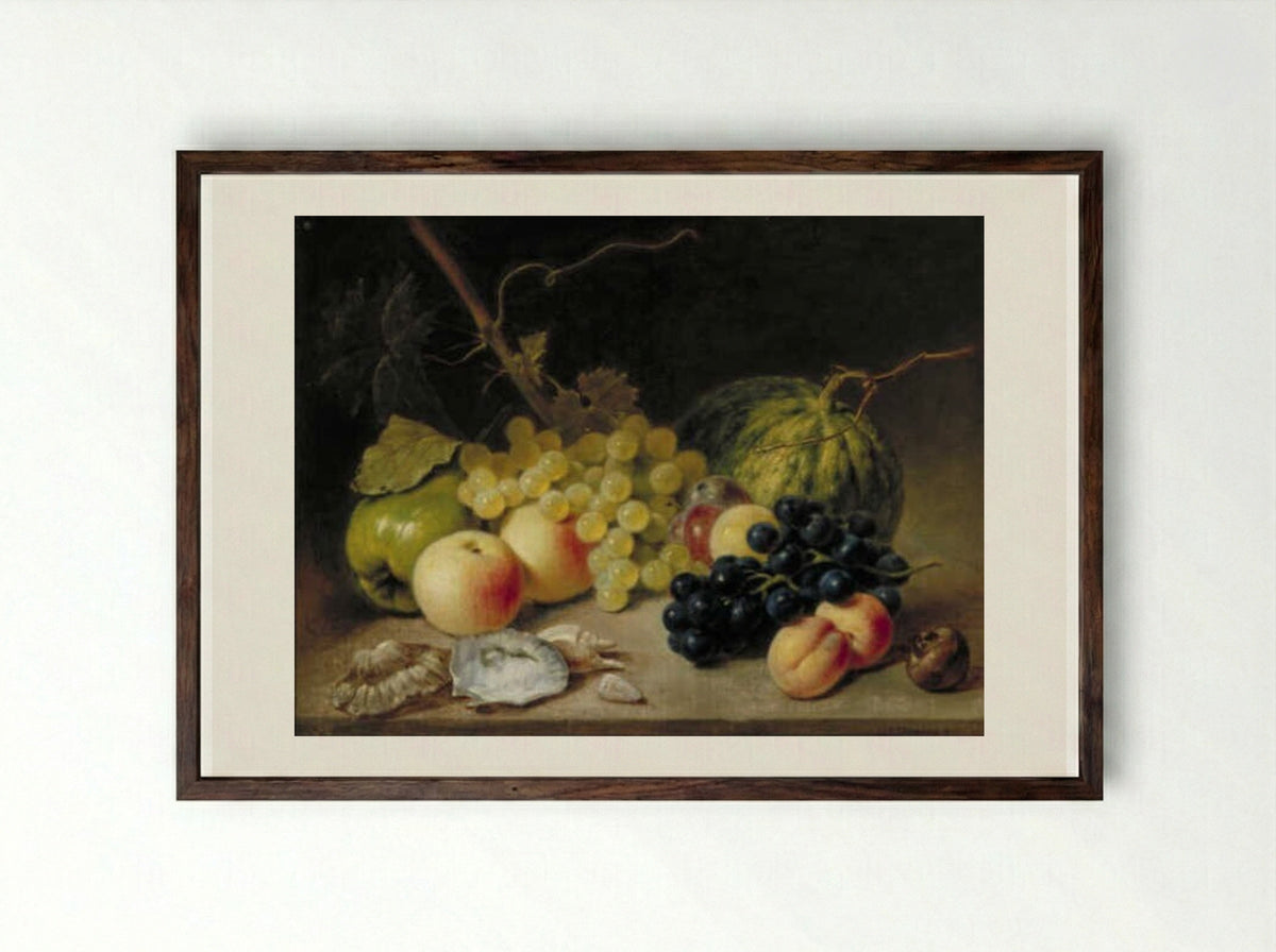 Still Life with Fruit and Shells - Jean Augustin Daiwaille - Framed Print Dark Wood