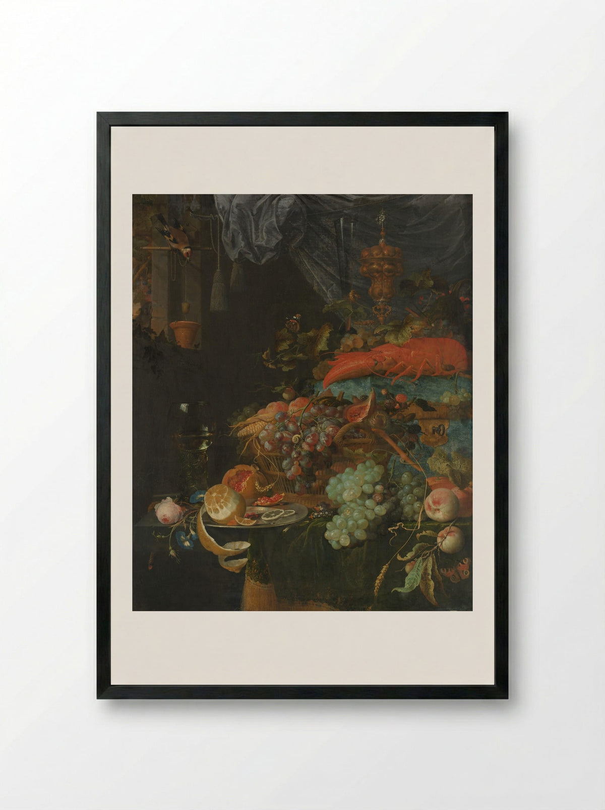 Still Life with Fruit and a Goldfinch - Abraham Mignon - Framed Print Black