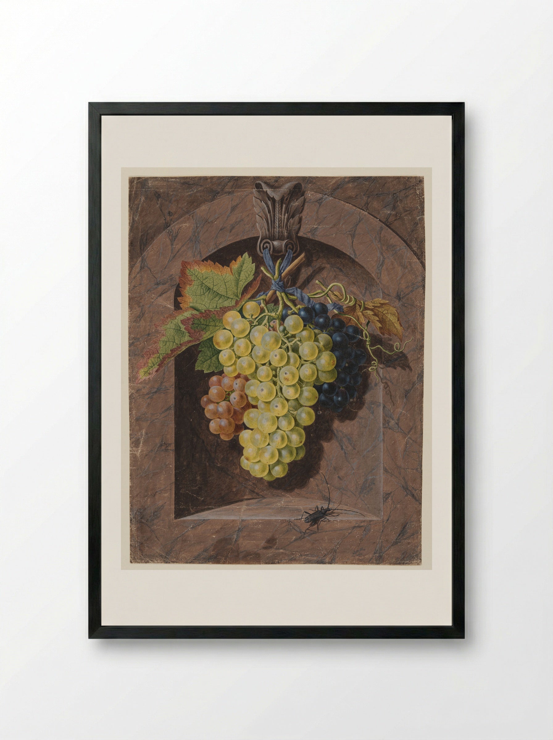 Still Life with Grapes in a Marble Niche - Johann Christian Jacob Friedrich - Framed Print Black