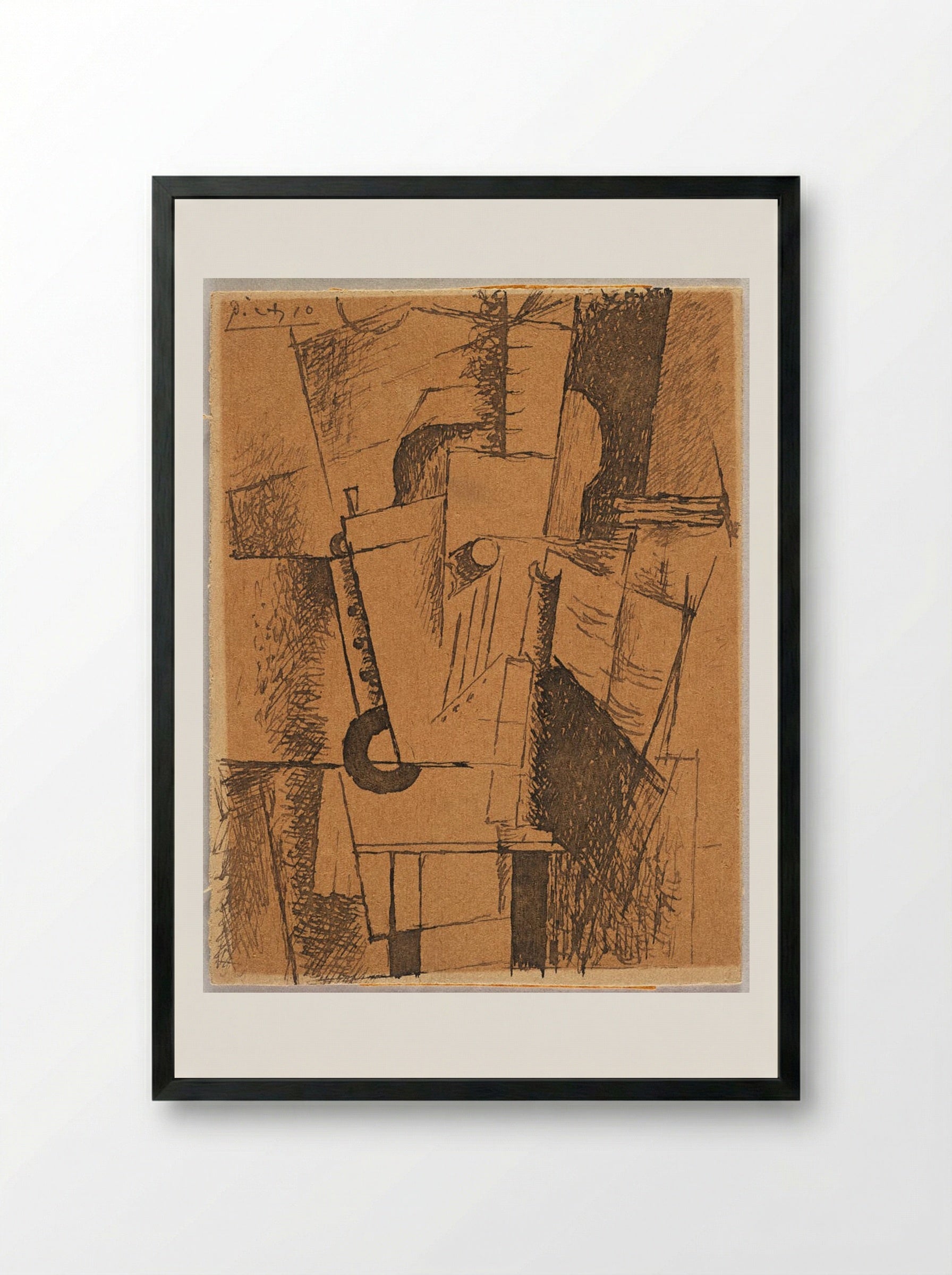 Still Life with Guitar, Clarinet, Bottle and Sheet Music - Pablo Picasso - Framed Print Black