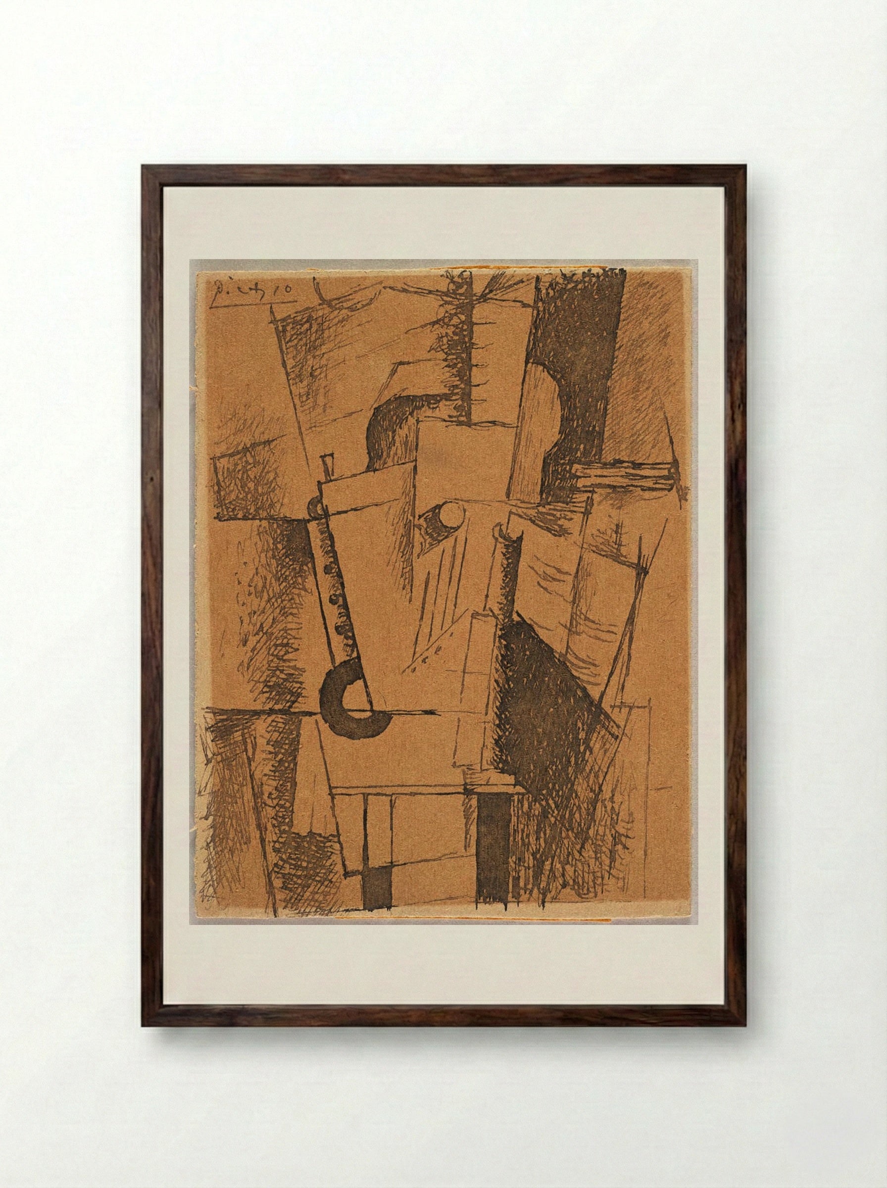 Still Life with Guitar, Clarinet, Bottle and Sheet Music - Pablo Picasso - Framed Print Dark Wood