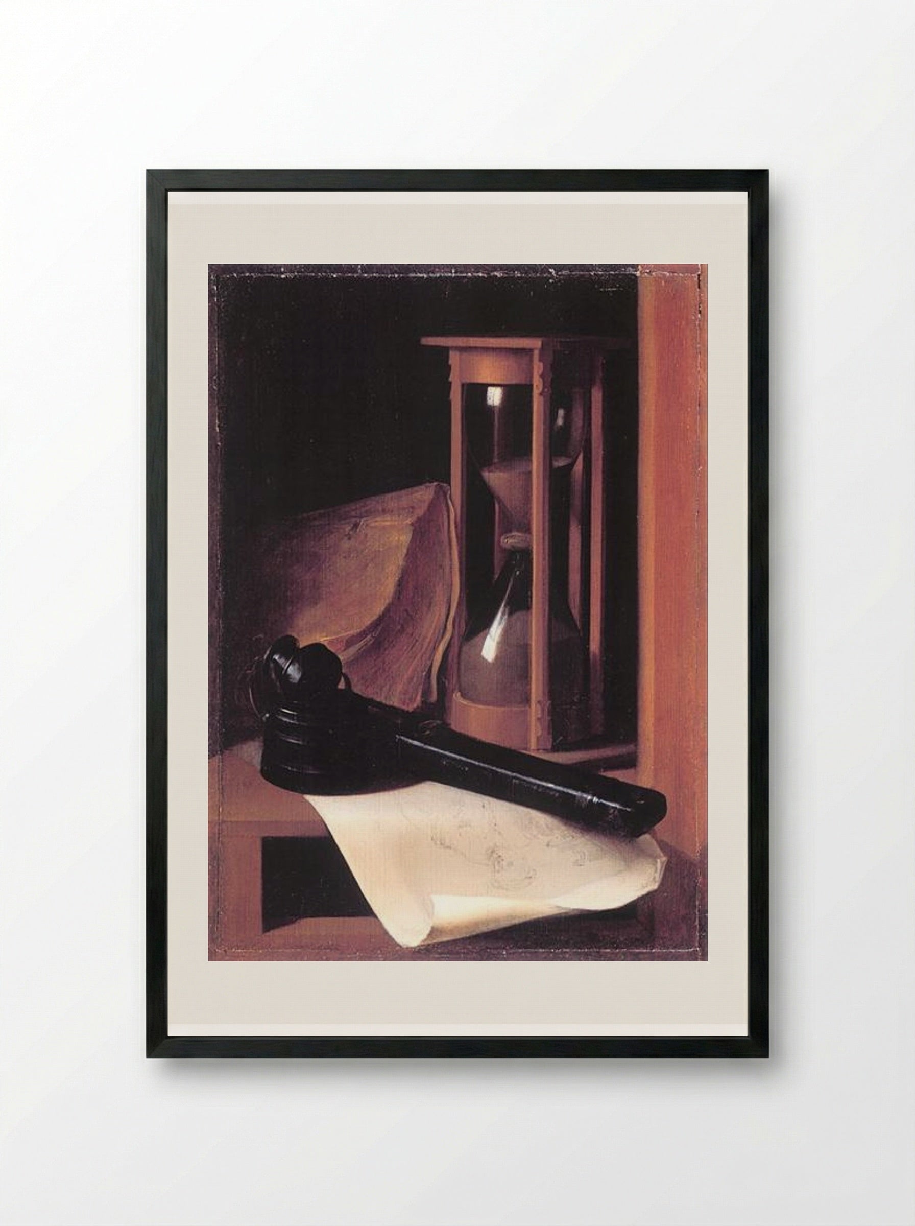 Still Life with Hourglass, Pencase and Print - Gerrit Dou - Framed Print Black