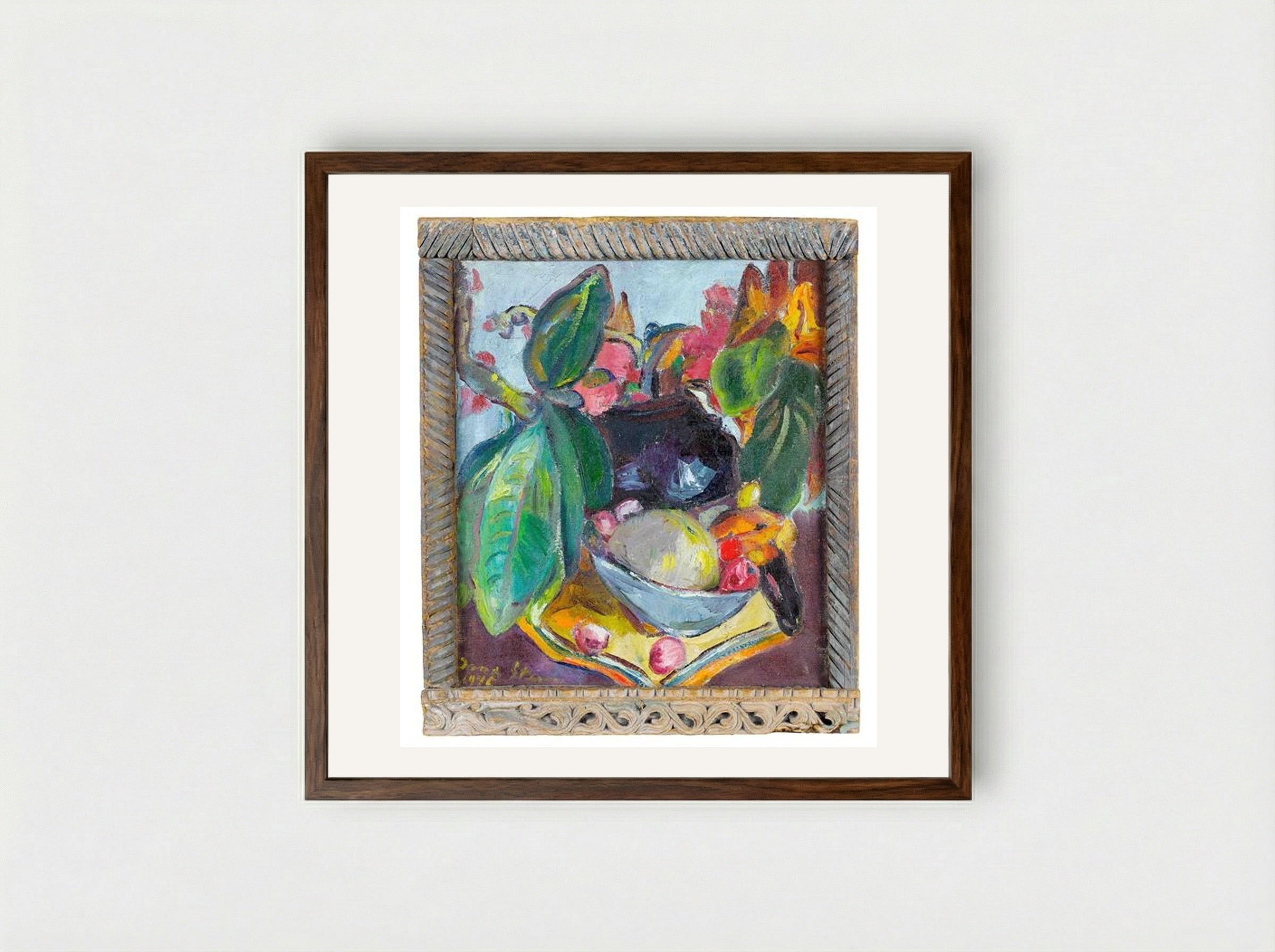 Still Life with Leaves, Fruit and Flowers - Irma Stern - Framed Print Dark Wood