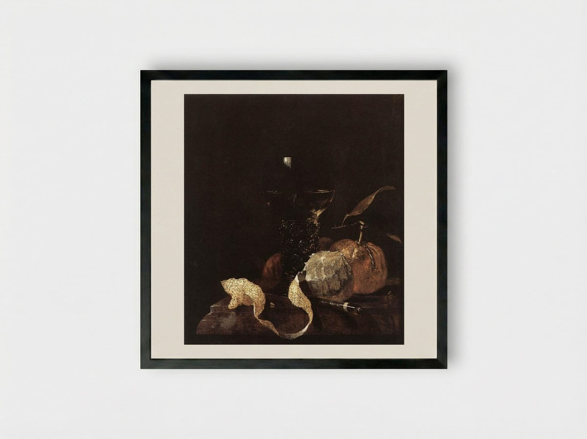 Still-Life with Lemon, Oranges and Glass of Wine - Willem Kalf - Framed Print Black
