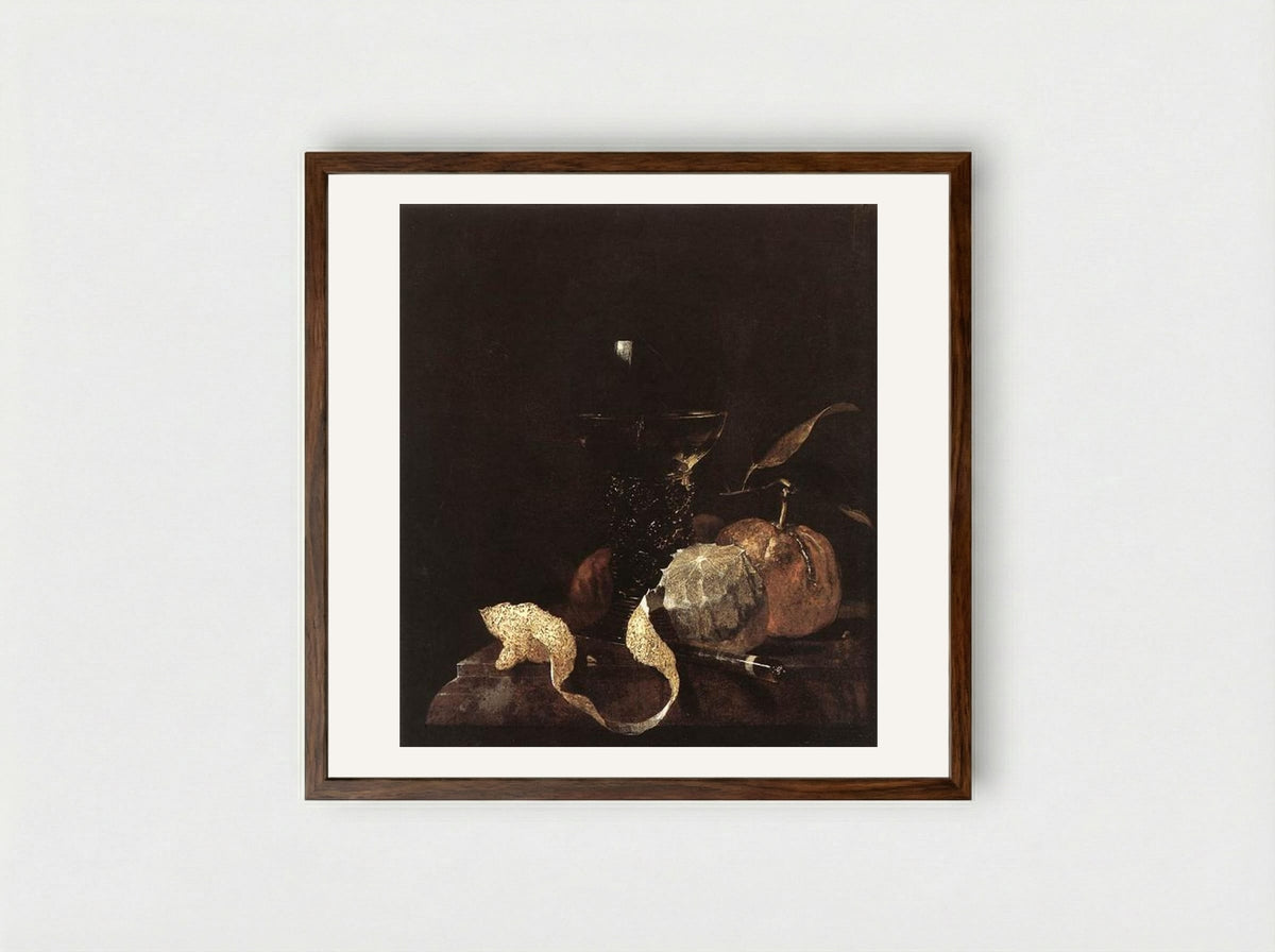 Still-Life with Lemon, Oranges and Glass of Wine - Willem Kalf - Framed Print Dark Wood