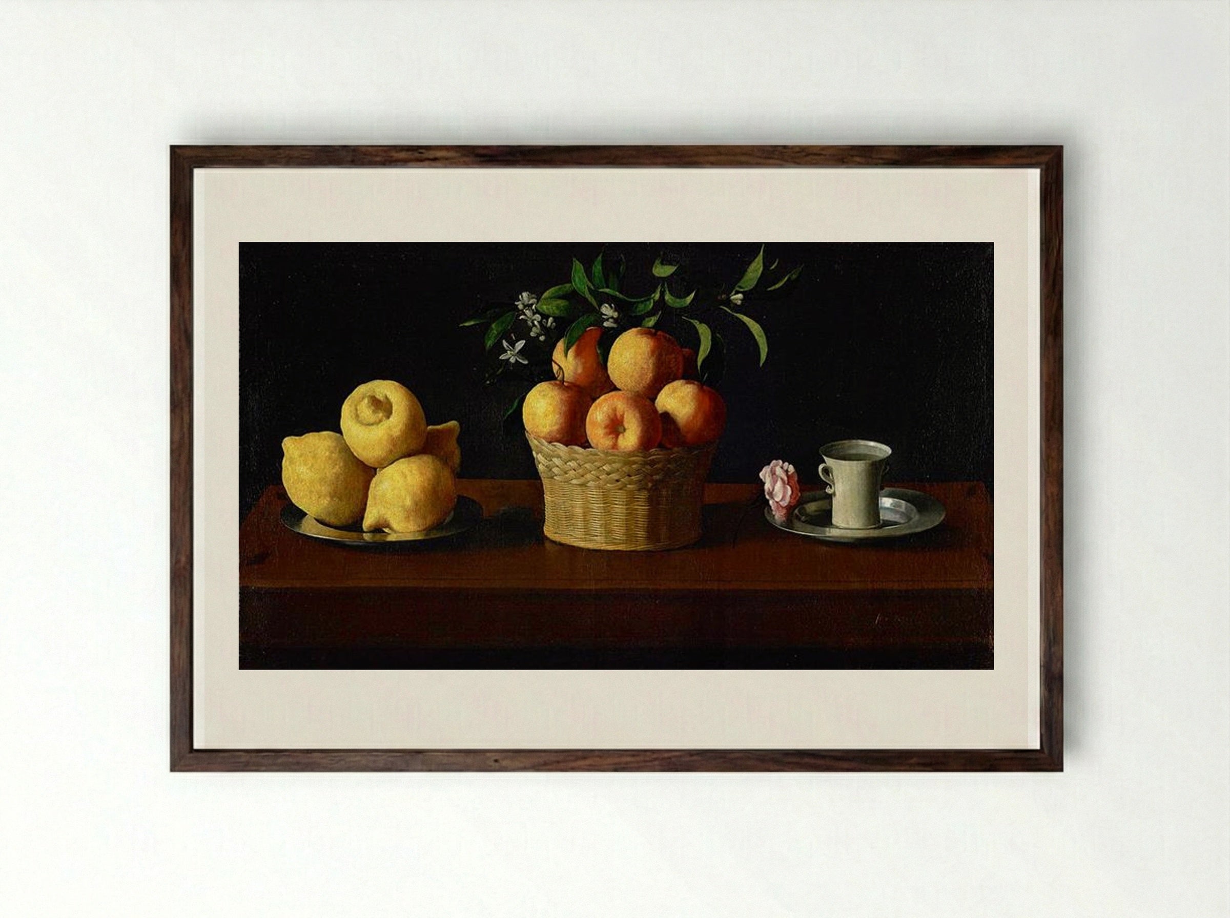 Still Life with Lemons, Oranges and a Rose - Francisco de Zurbarán - Framed Print Dark Wood