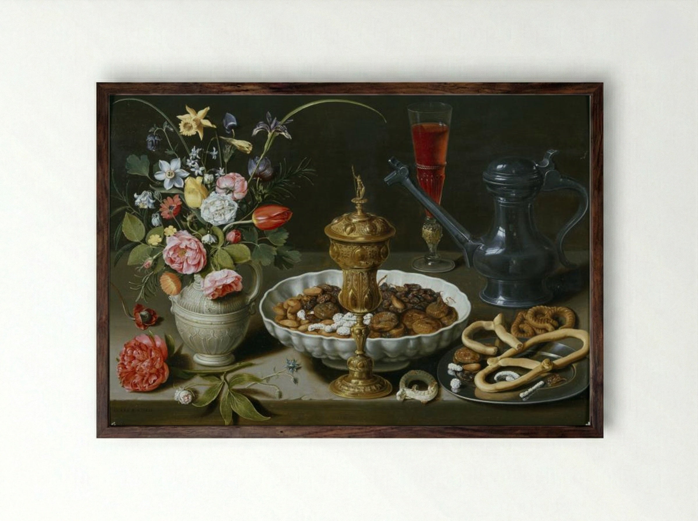 Still Life with Nuts, Candy and Flowers - Clara Peeters - Framed Print Dark Wood