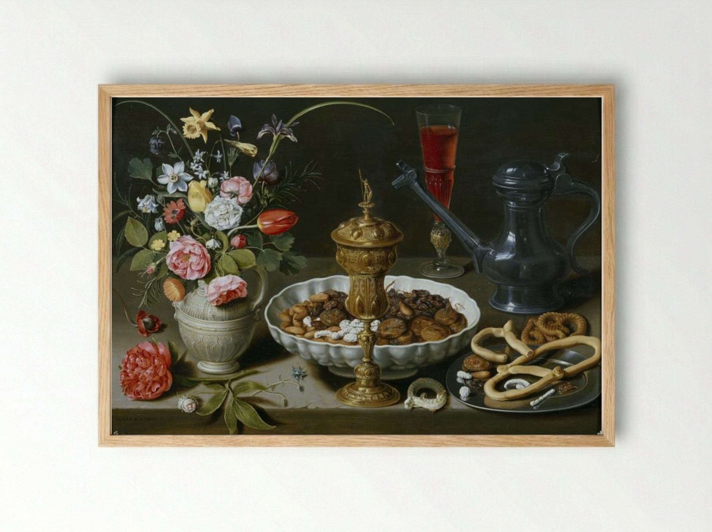 Still Life with Nuts, Candy and Flowers - Clara Peeters - Framed Print Wood