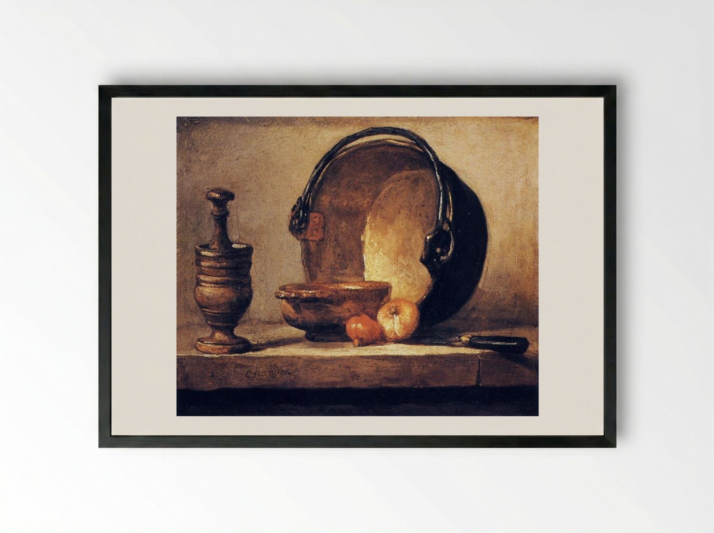 Still Life with Pestle, Bowl, Copper Cauldron, Onions and a Knife - Jean-Baptiste-Simeon Chardin - Framed Print Black
