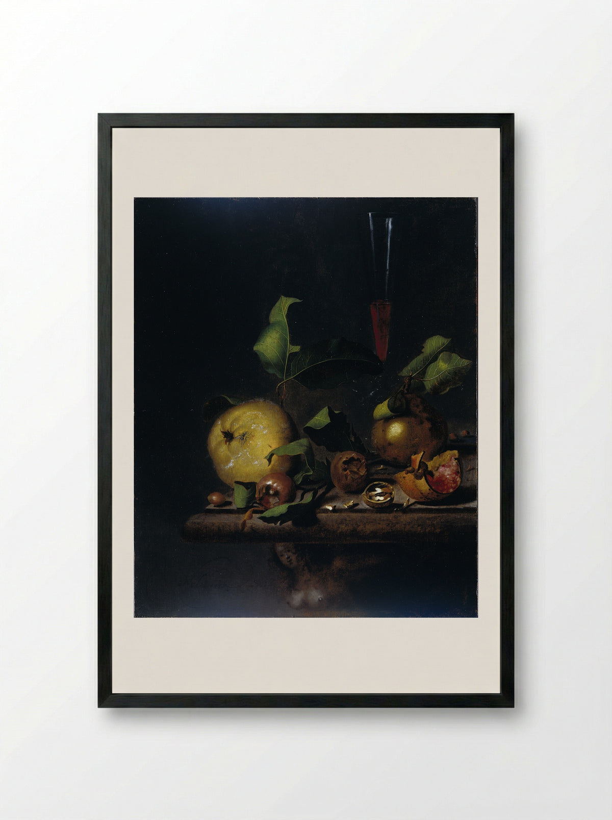 Still Life with Quinces, Medlars and a Glass - Martinus Nellius - Framed Print Black