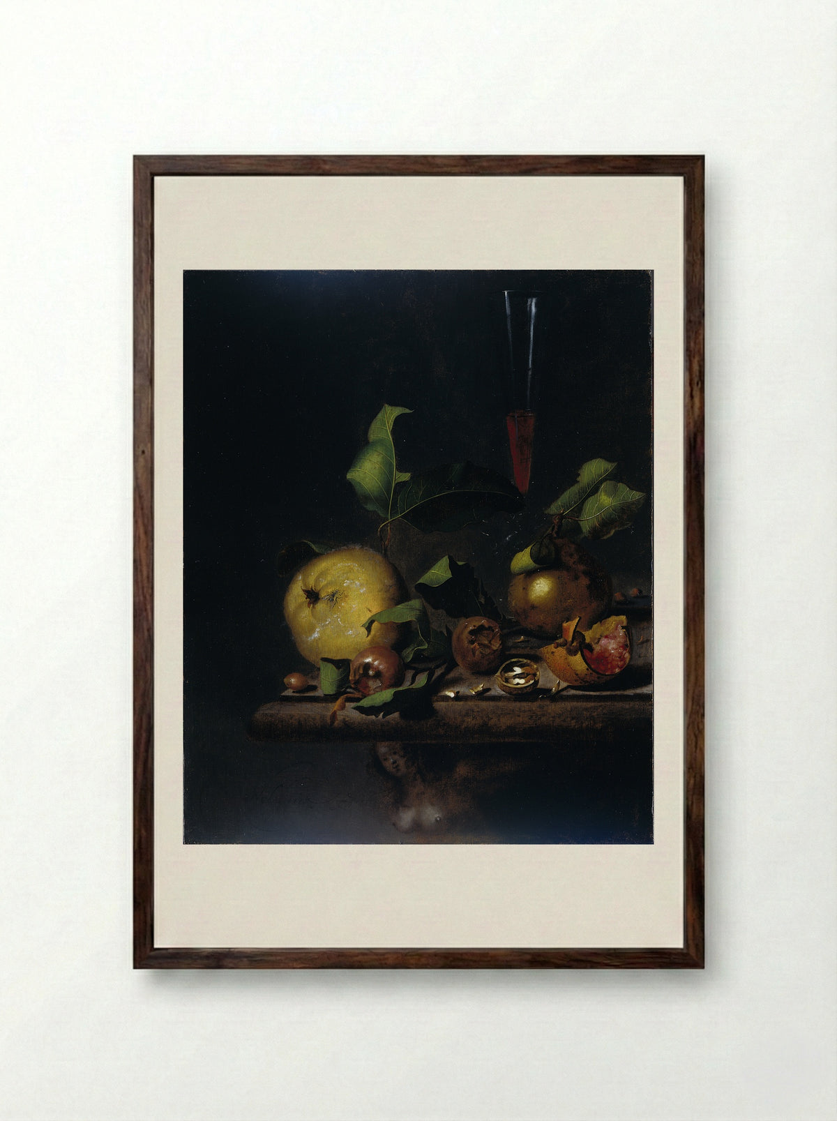 Still Life with Quinces, Medlars and a Glass - Martinus Nellius - Framed Print Dark Wood