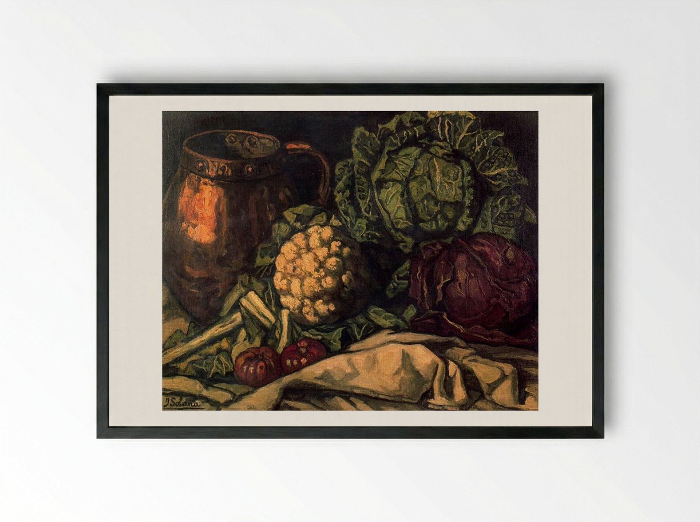 Still Life with Red Cabbage, Copper, Cauliflower and Cabbage - José Gutiérrez Solana - Framed Print Black