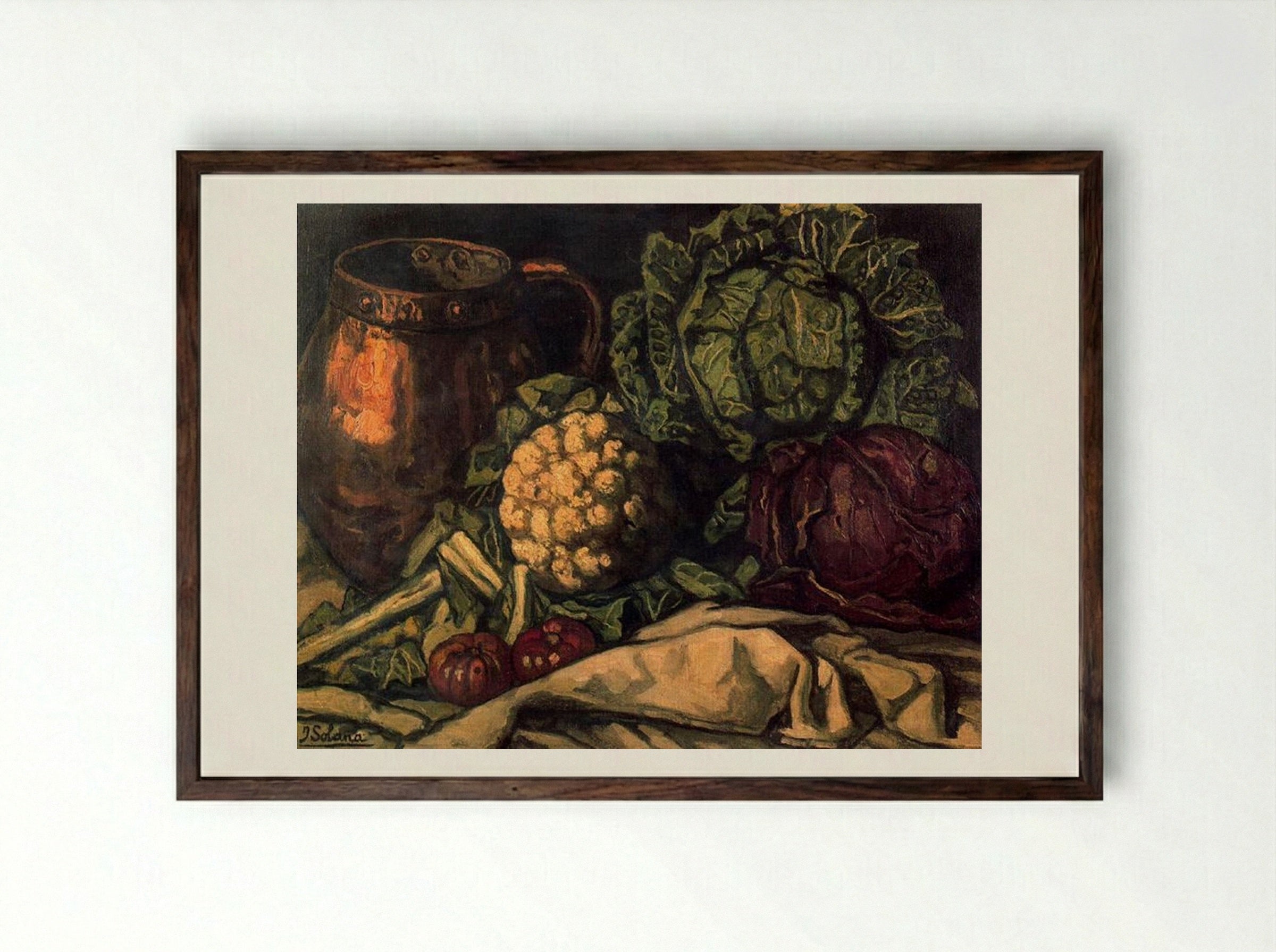 Still Life with Red Cabbage, Copper, Cauliflower and Cabbage - José Gutiérrez Solana - Framed Print Dark Wood
