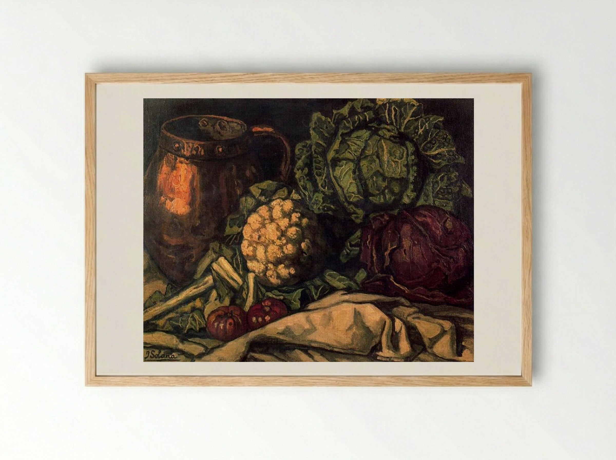 Still Life with Red Cabbage, Copper, Cauliflower and Cabbage - José Gutiérrez Solana - Framed Print Wood