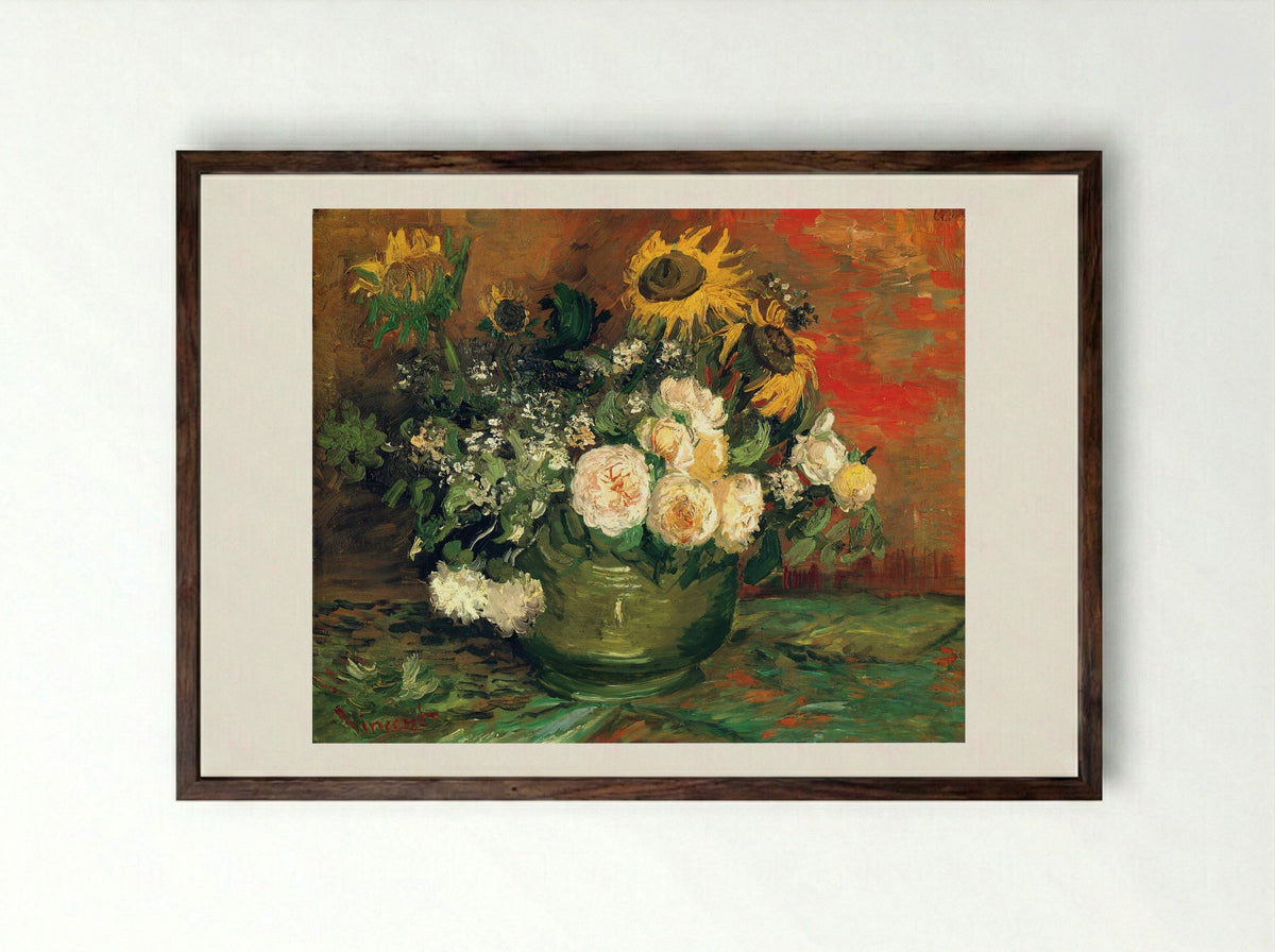 Still Life with Roses and Sunflowers - Vincent van Gogh - Framed Print Dark Wood