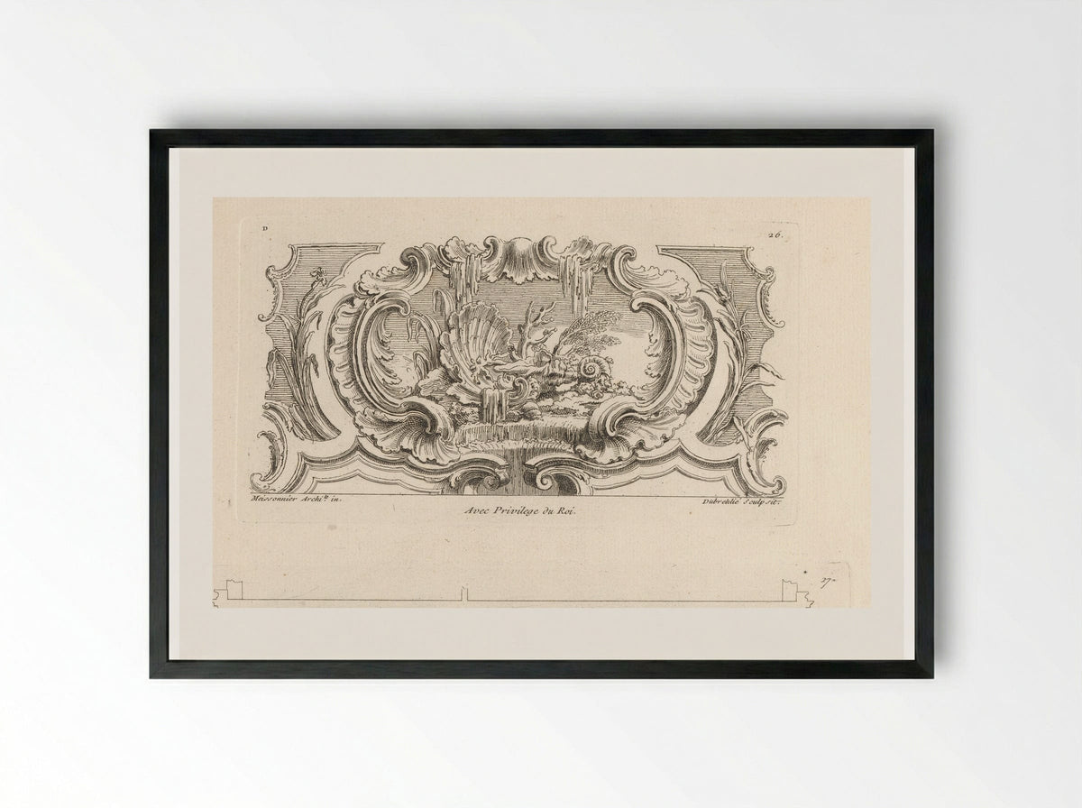 Still Life with Shells, Plants and Coral on a Waterfall - Gabriel Huquier - Framed Print Black