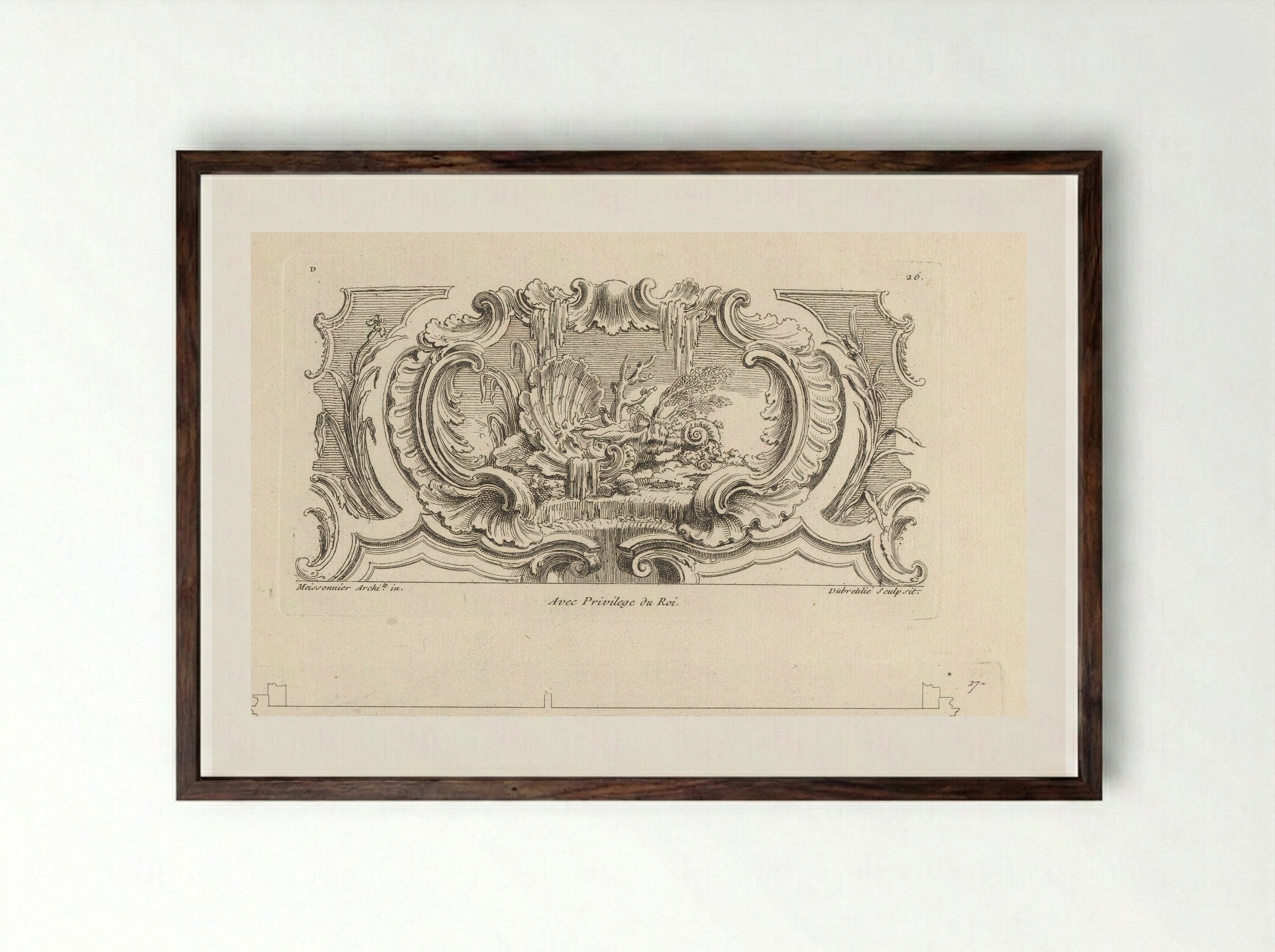 Still Life with Shells, Plants and Coral on a Waterfall - Gabriel Huquier - Framed Print Dark Wood