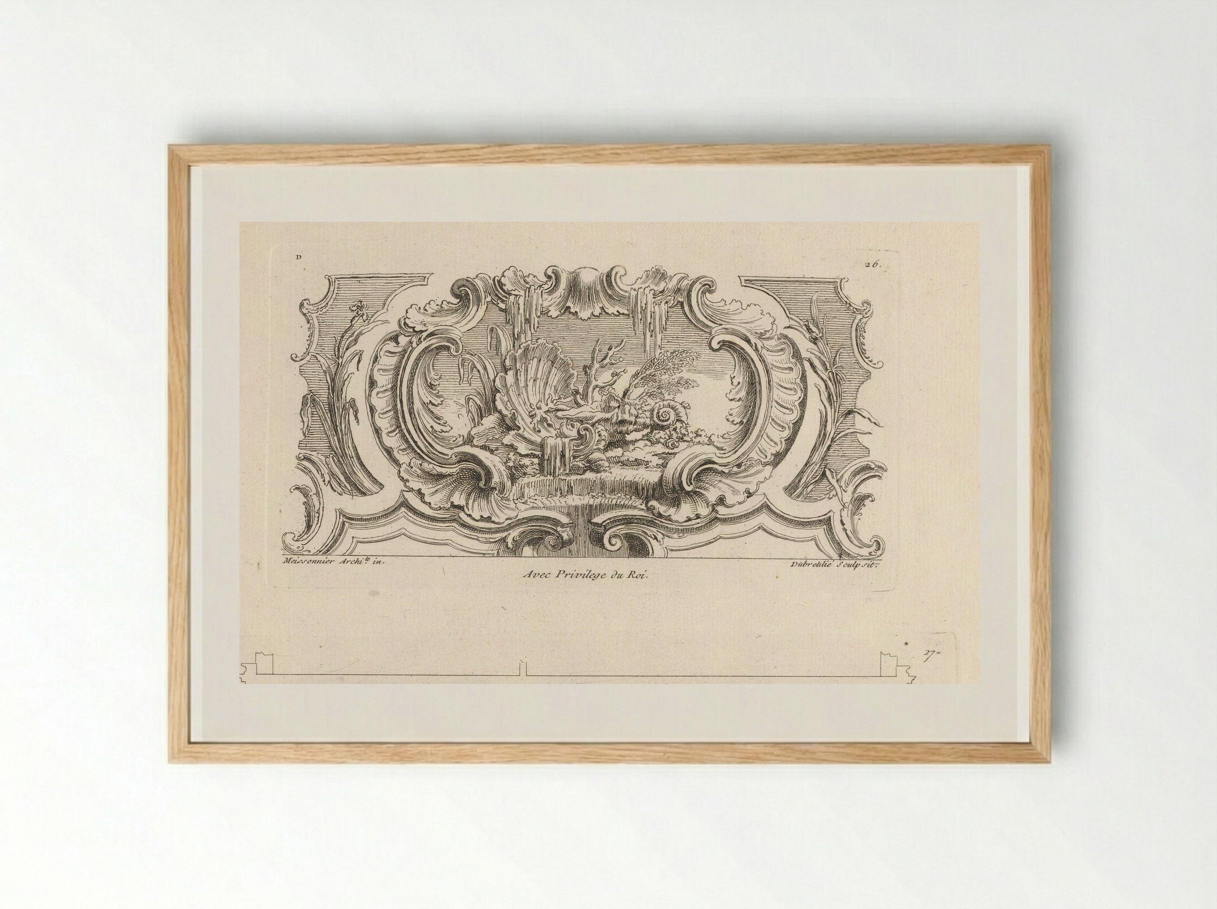 Still Life with Shells, Plants and Coral on a Waterfall - Gabriel Huquier - Framed Print Wood