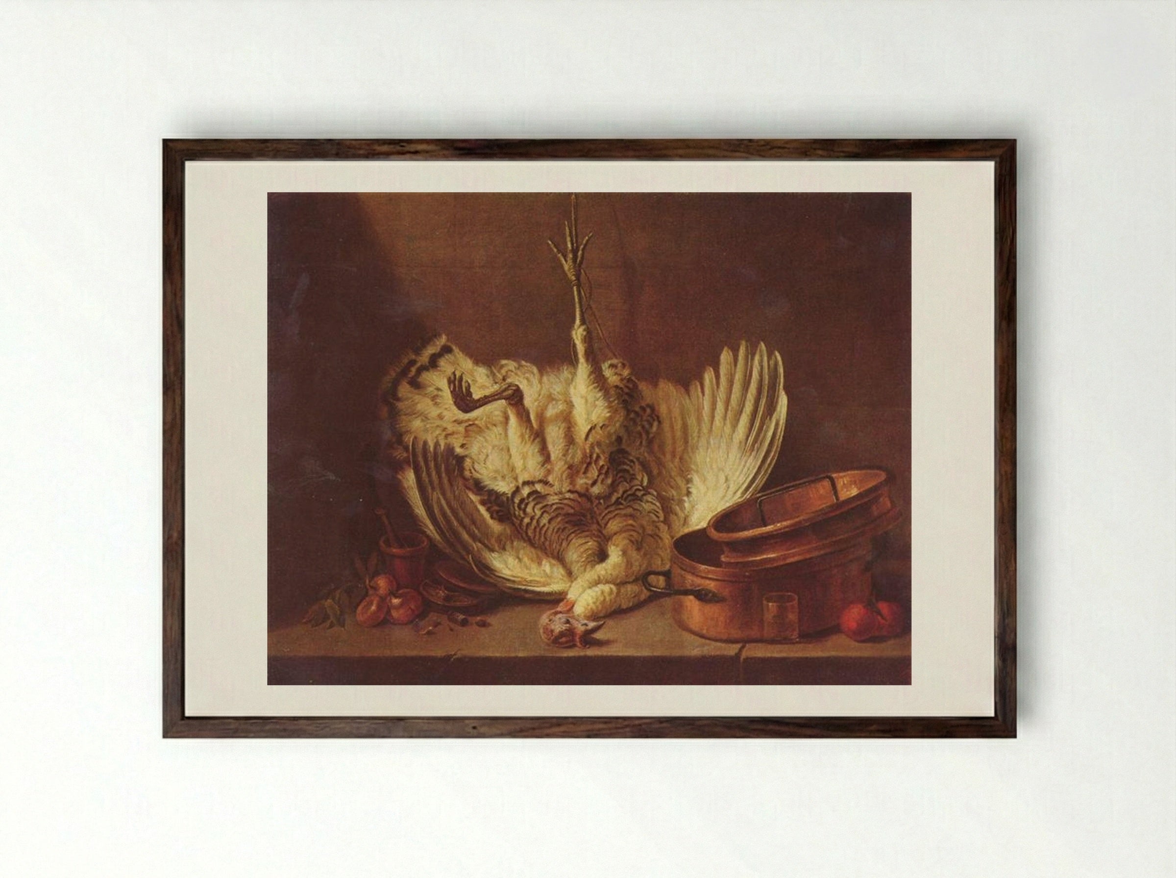 Still Life with Turkey Hanged - Jean-Baptiste-Siméon Chardin - Framed Print Dark Wood