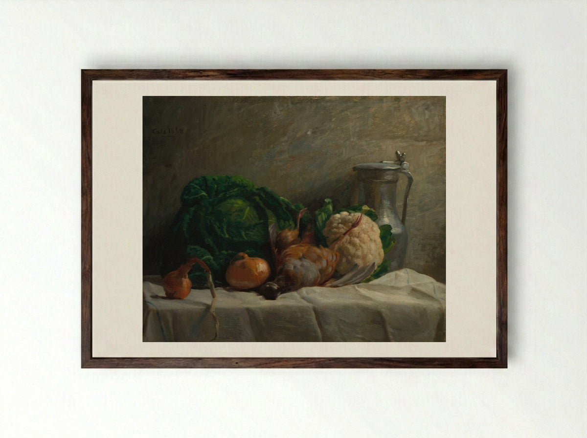 Still Life with Vegetables, Partridge, and a Jug - Adolphe-Félix Cals - Framed Print Dark Wood
