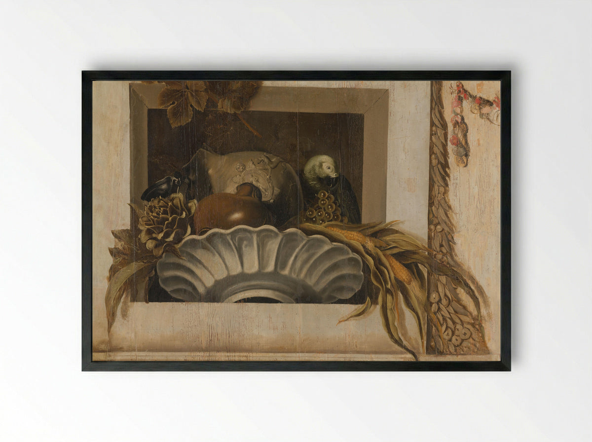 Still Life with a Bowl of Maize, Artichoke, Grapes and a Parrot - Jacob van Campen - Framed Print Black