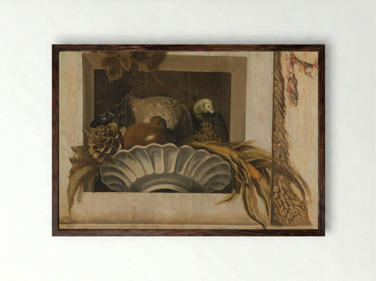 Still Life with a Bowl of Maize, Artichoke, Grapes and a Parrot - Jacob van Campen - Framed Print Dark Wood