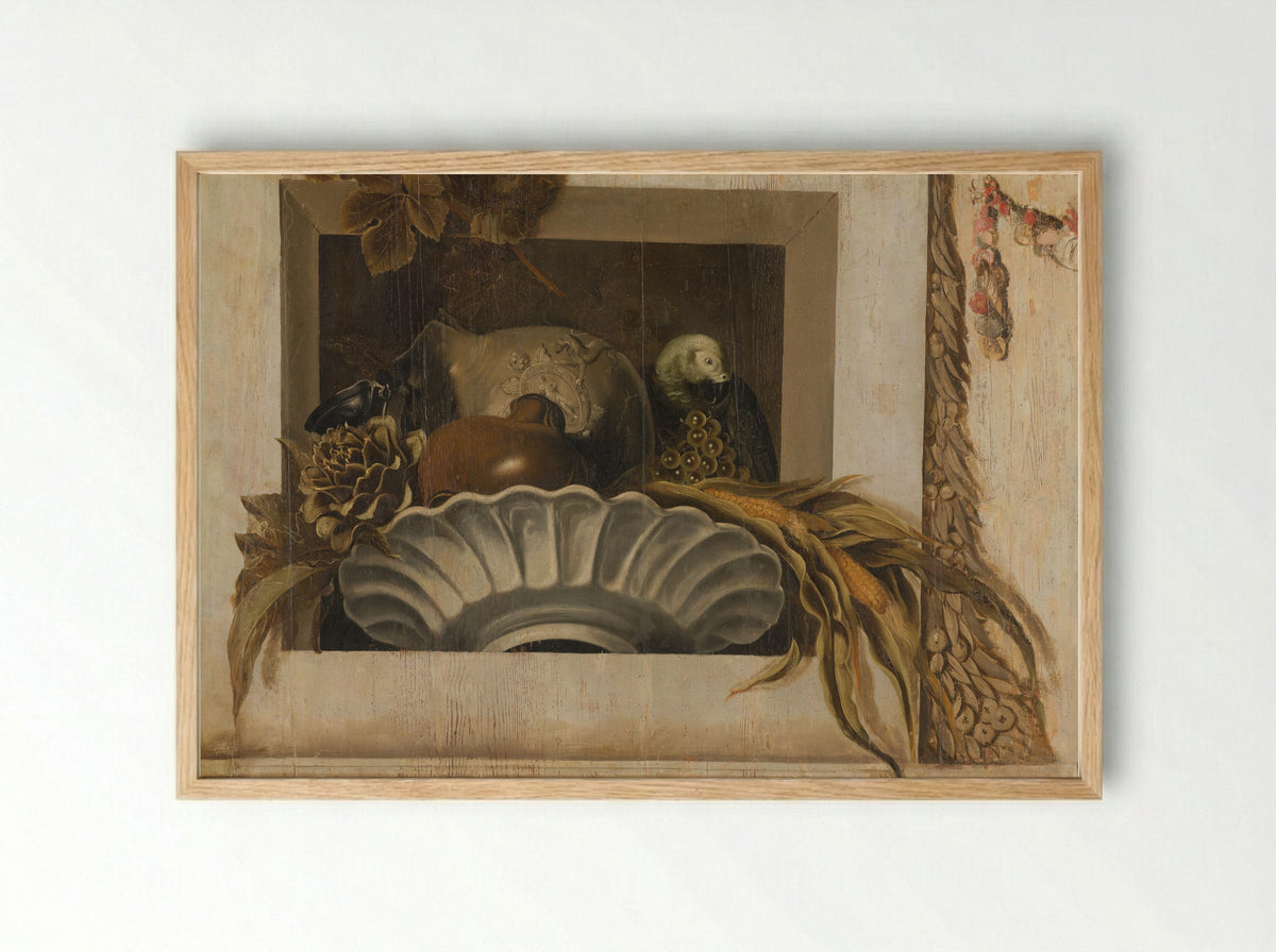 Still Life with a Bowl of Maize, Artichoke, Grapes and a Parrot - Jacob van Campen - Framed Print Wood