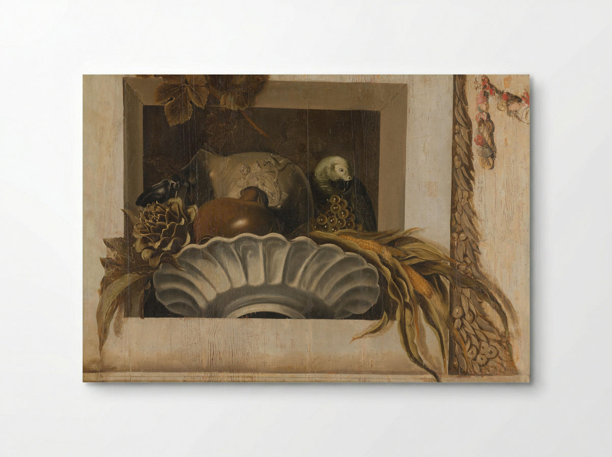 Still Life with a Bowl of Maize, Artichoke, Grapes and a Parrot - Jacob van Campen - Poster