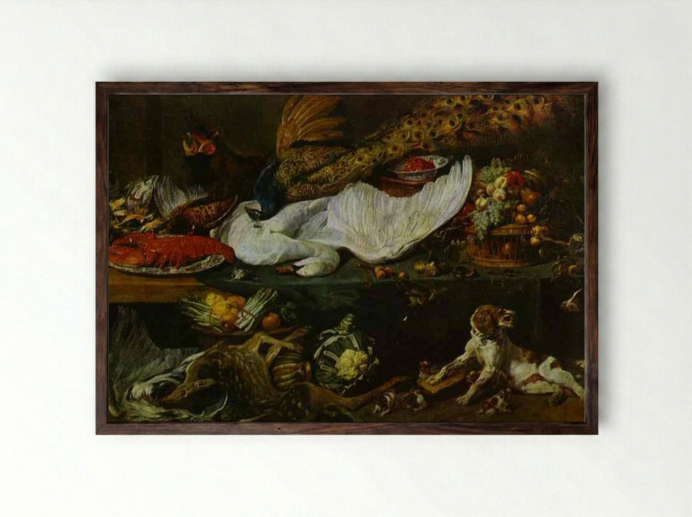 Still-Life with a Dog and Her Puppies - Frans Snyders - Framed Print Dark Wood