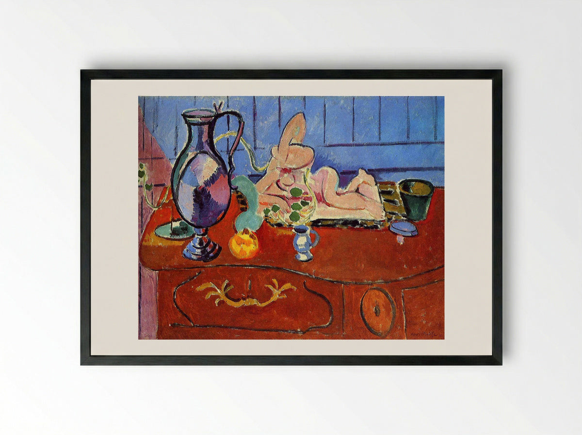 Still Life with a Pewter Jug and Pink Statuette - Henri Matisse - Framed Print Black