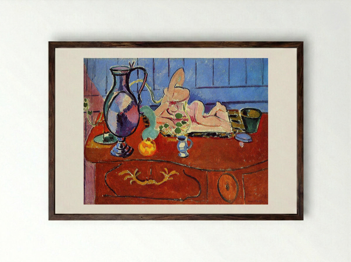 Still Life with a Pewter Jug and Pink Statuette - Henri Matisse - Framed Print Dark Wood