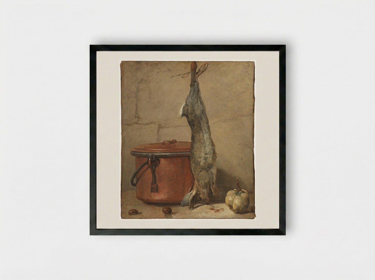 Still Life with a Rabbit and a Copper Pot - Jean-Baptiste-Simeon Chardin - Framed Print Black