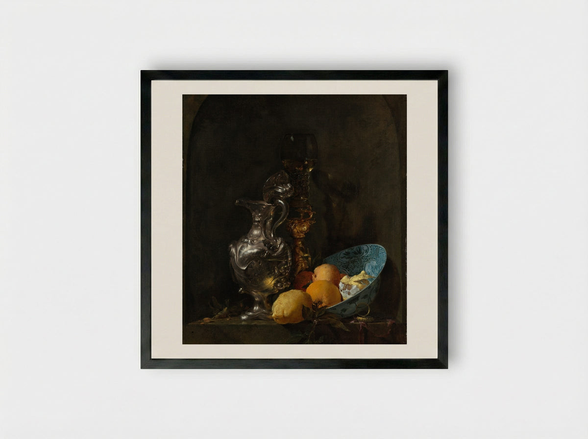 Still Life with a Silver Jug and a Porcelain Bowl - Willem Kalf - Framed Print Black
