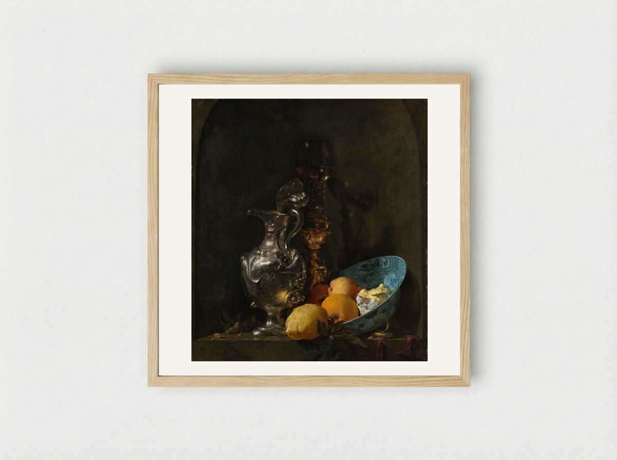 Still Life with a Silver Jug and a Porcelain Bowl - Willem Kalf - Framed Print Wood