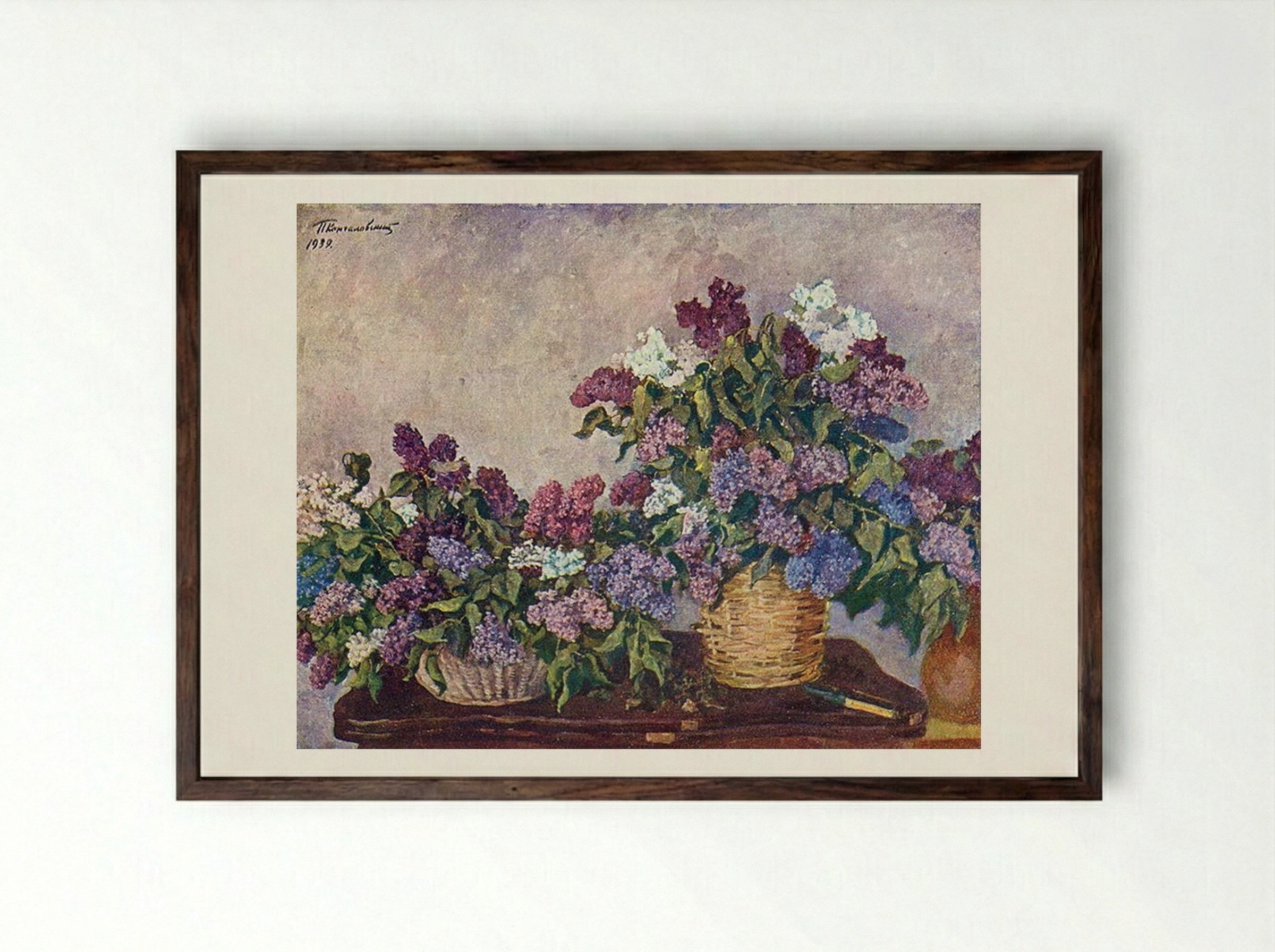 Still Life. Lilacs in two baskets. - Pyotr Konchalovsky - Framed Print Dark Wood