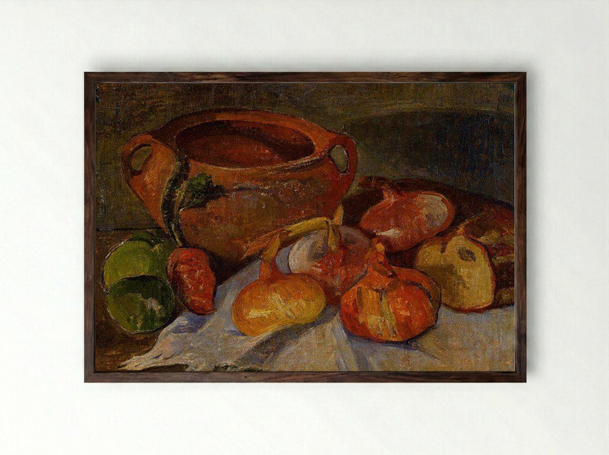 Still Life: Pot, Onions, Bread and Green Apples - Meijer de Haan - Framed Print Dark Wood
