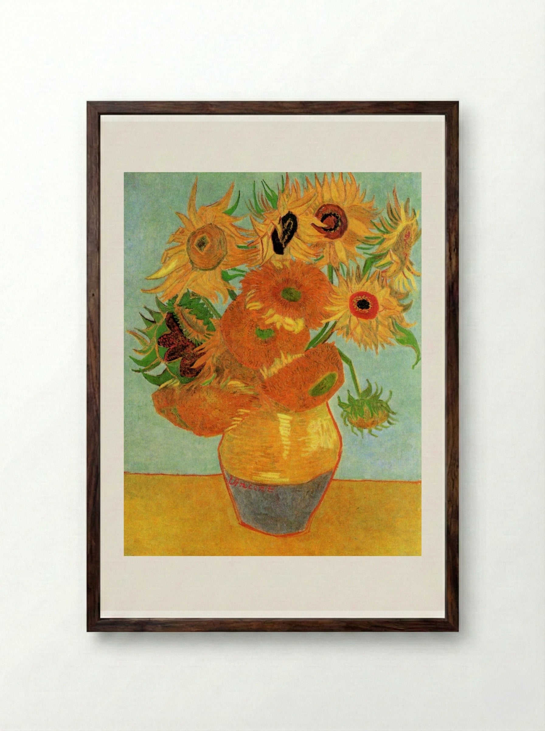 Still Life: Vase with Twelve Sunflowers - Vincent van Gogh - Framed Print Dark Wood