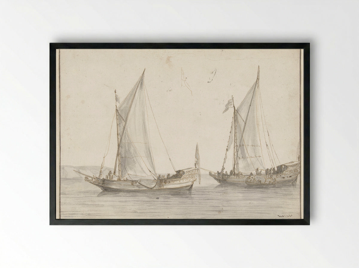 Stille zee met twee jachten - Abraham de Verwer - Framed Print Black