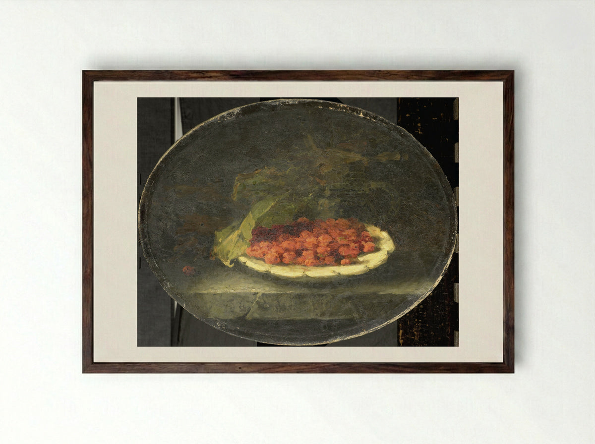 Stilleven met aardbeien in een witte schaal - Margaretha Roosenboom - Framed Print Dark Wood