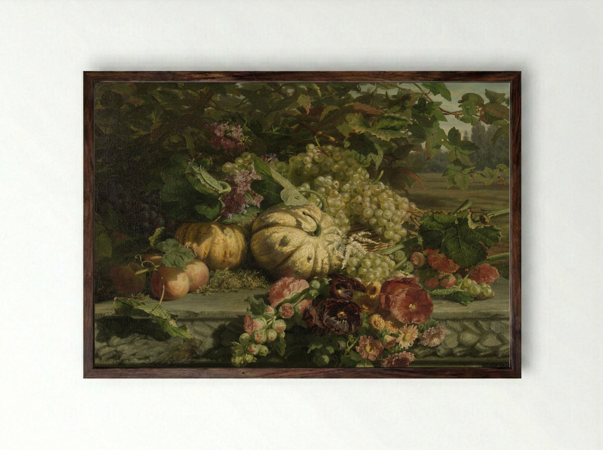 Stilleven met bloemen en vruchten - Gerardina Jacoba van de Sande Bakhuyzen - Framed Print Dark Wood