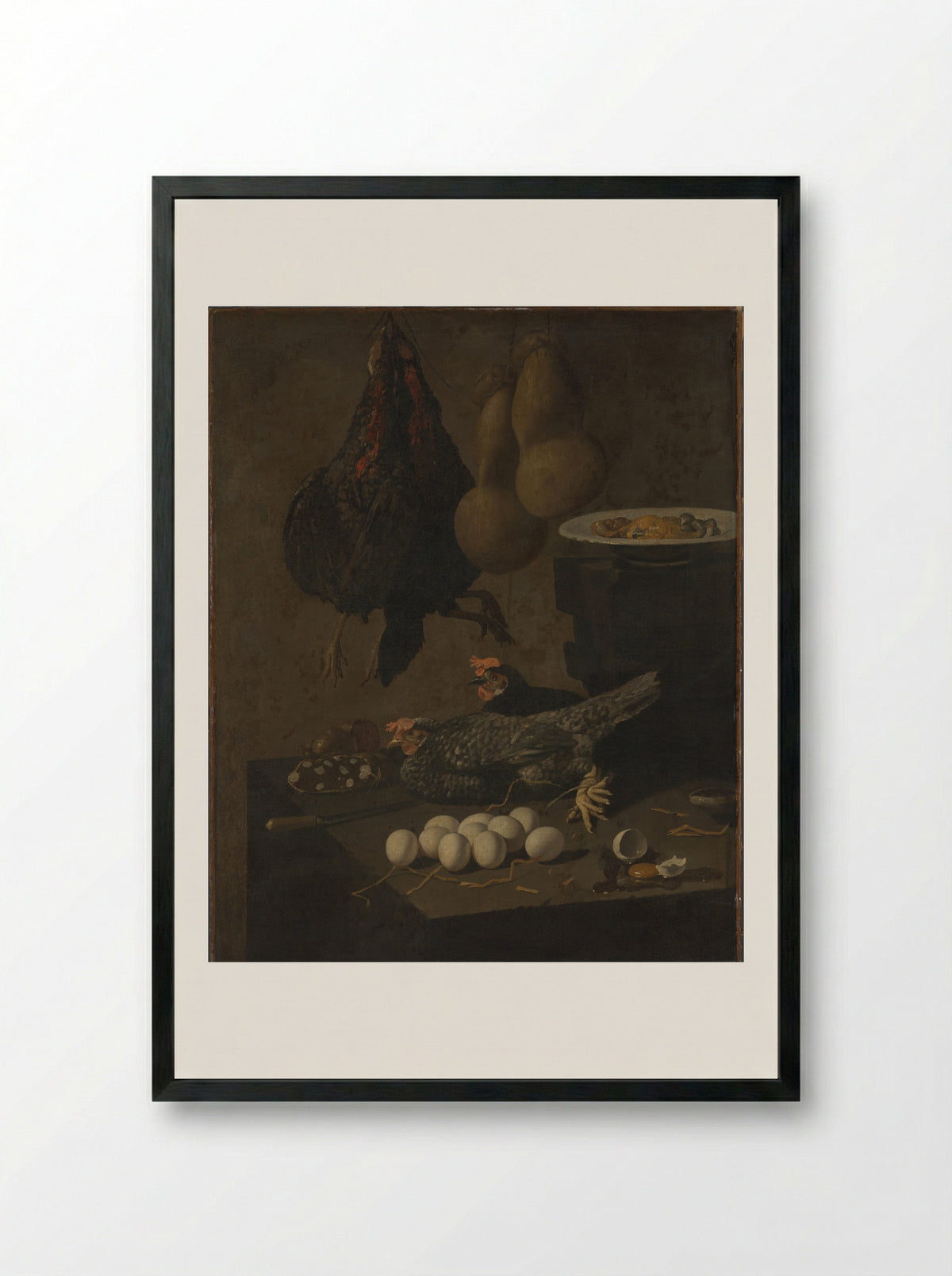 Stilleven met kippen en eieren - Giovanni Battista Recco - Framed Print Black