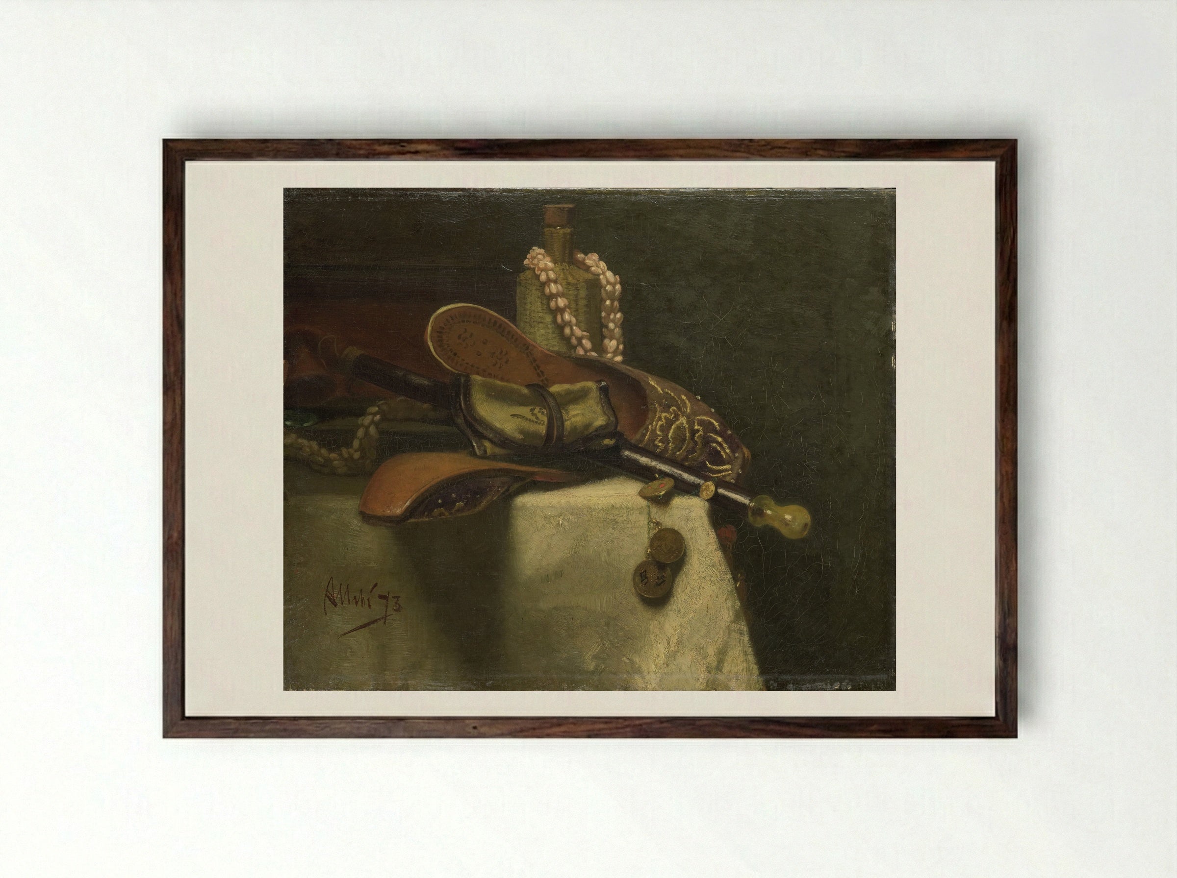 Stilleven met oosterse muilen - August Allebé - Framed Print Dark Wood